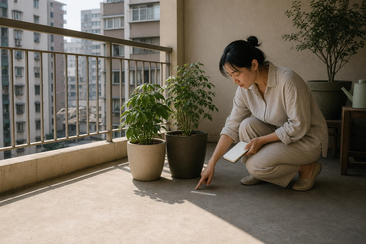 台灣公寓陽台上，園藝愛好者在有陽光與陰影交界的盆栽旁記錄光線位置和時間