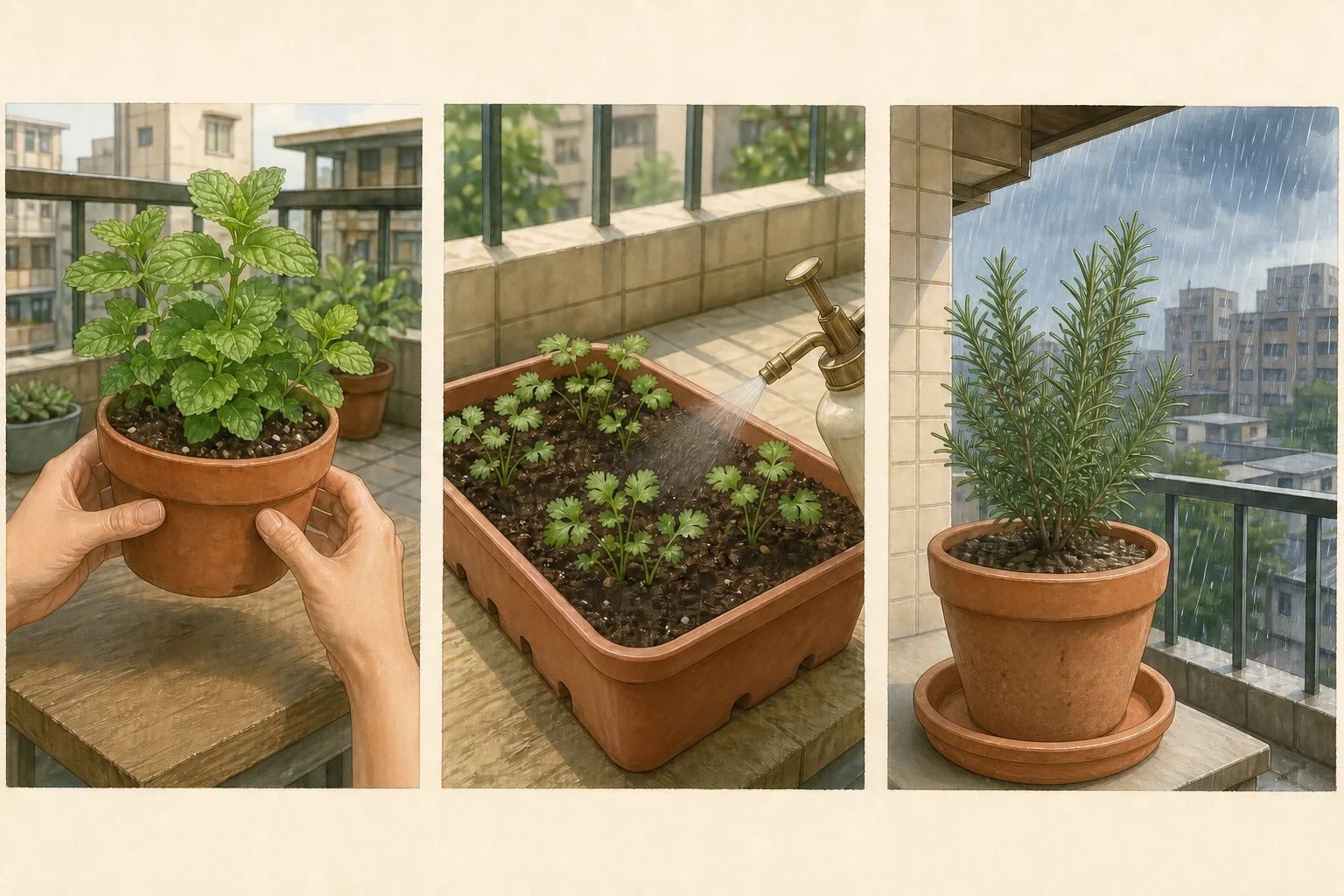 三格香草水分管理示意：檢查薄荷盆重、維持香菜苗床均勻濕潤不積水，以及讓迷迭香介質排水並避開連日降雨