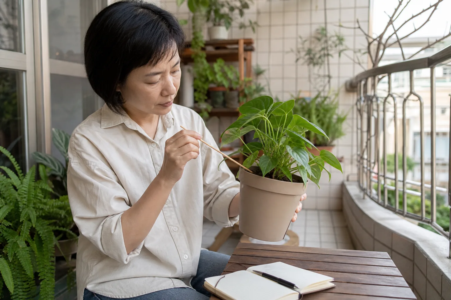 台灣公寓陽台上，園藝愛好者一手托住略微下垂的盆栽，另一手用乾淨竹籤檢查介質並在旁記錄