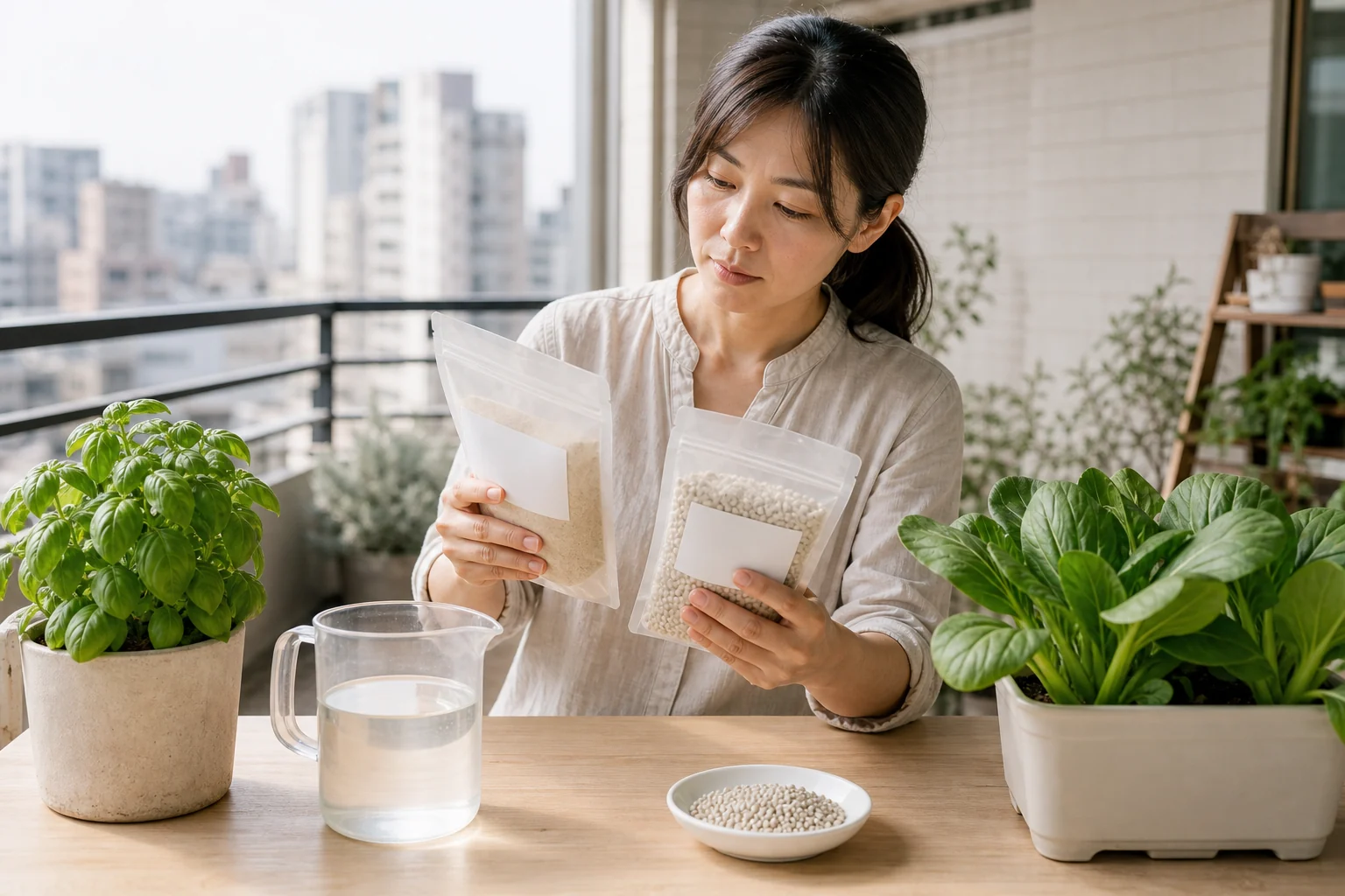 台灣公寓陽台桌面上，園藝愛好者在健康香草盆栽旁比較兩包無品牌肥料標示，桌上分開放著澄清稀釋液與完整包膜顆粒