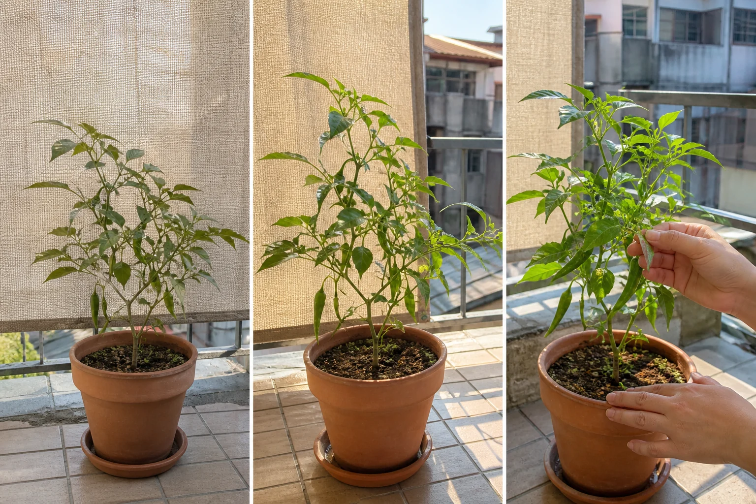 三格盆栽逐步適應光線示意，同一盆辣椒先放在明亮遮蔭處，再接受較柔和的斜射光，最後由園藝愛好者檢查新葉與介質