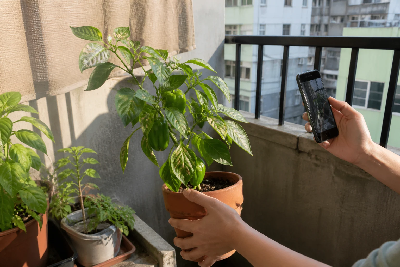 台灣公寓陽台上，一位園藝愛好者轉動甜椒盆栽並用手機記錄受光方向，部分向陽葉片有淡色乾斑