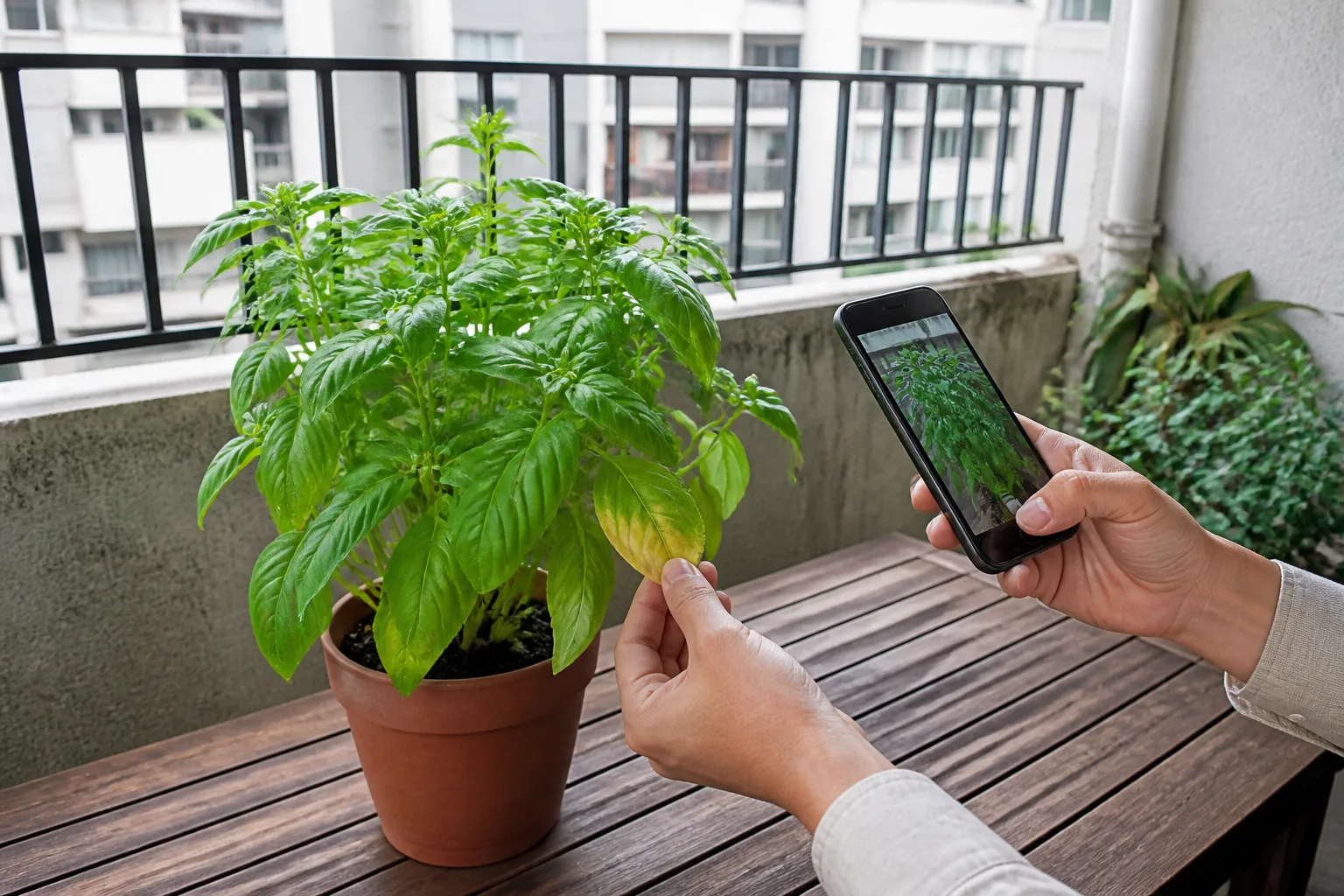 台灣公寓陽台上，一位園藝愛好者觀察盆栽局部變黃的葉片，同時用手機記錄整株狀況