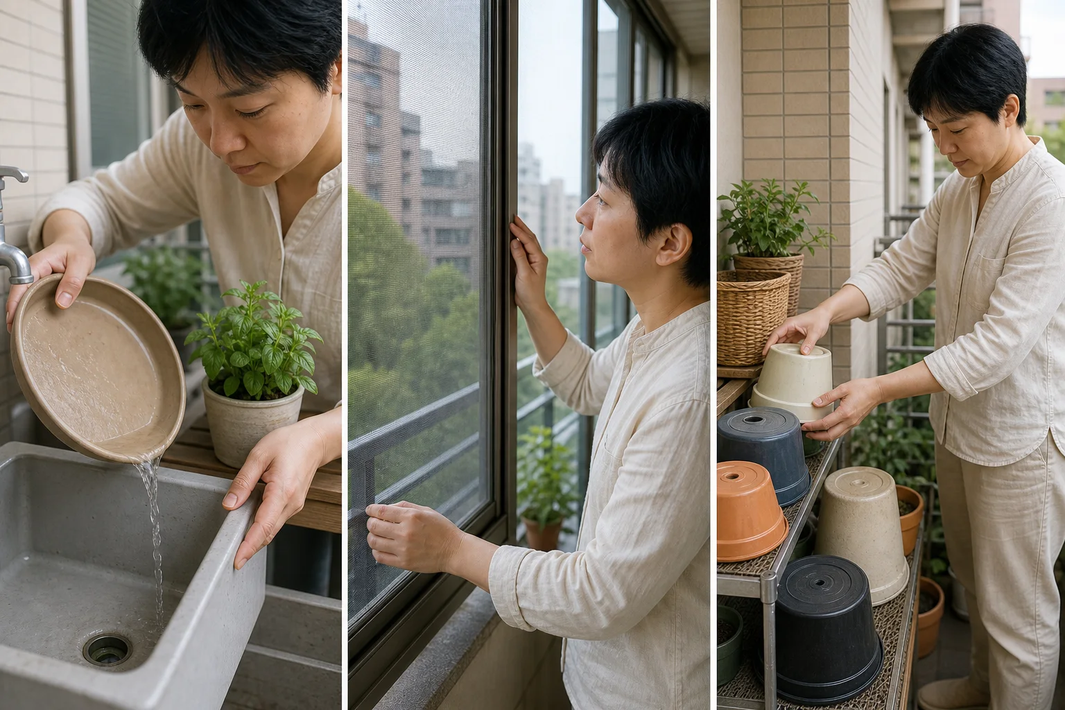 三格居家防蚊示意，依序為園藝愛好者倒掉花盆托盤積水、檢查紗窗與穿著淺色長袖整理陽台
