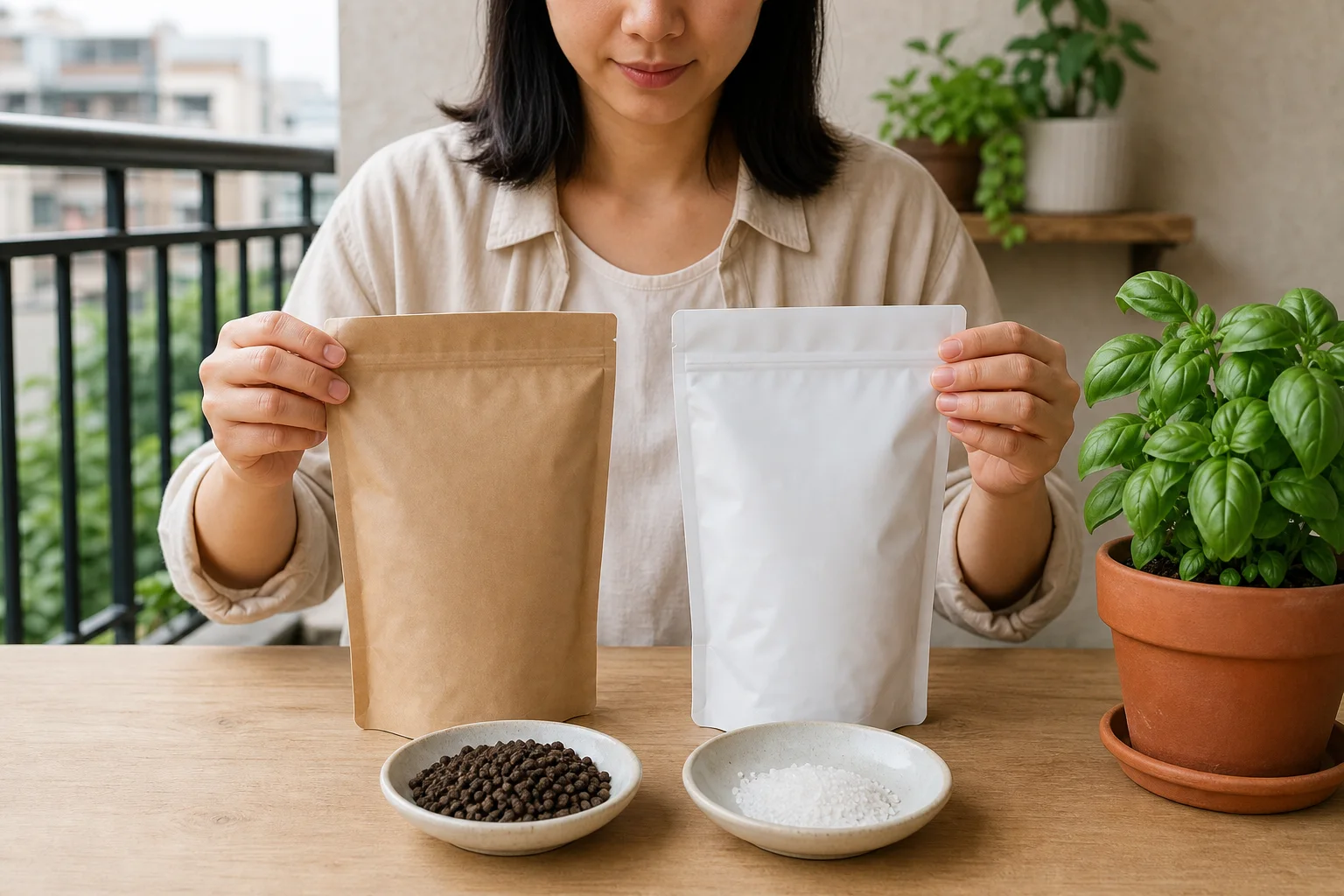 台灣公寓陽台桌面上，園藝愛好者在健康香草盆栽旁比較兩包無品牌肥料的完整標示，桌上分開放著深褐色有機質顆粒與白色水溶性晶體