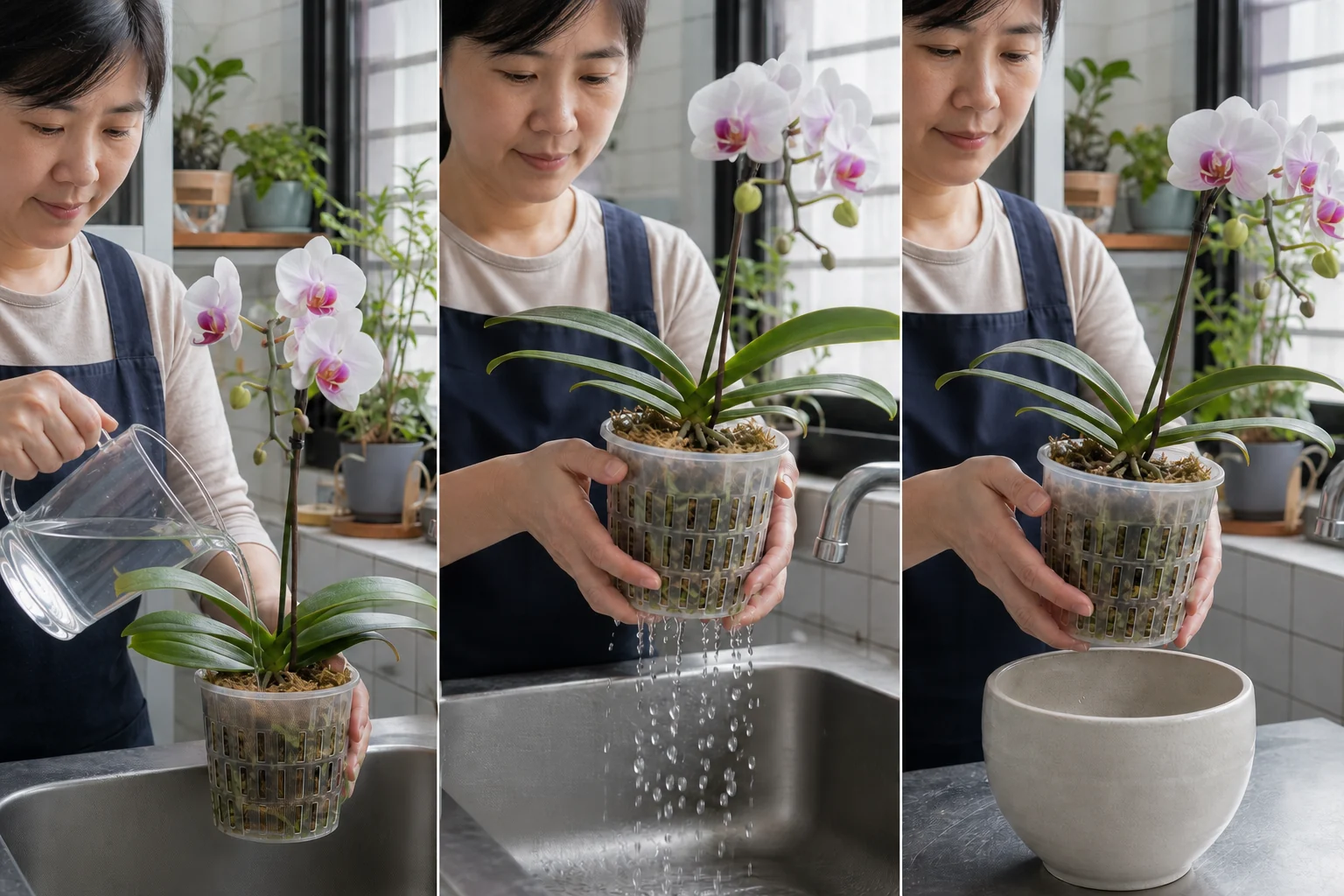 三格蝴蝶蘭澆水示意：把水澆在透明內盆邊緣介質、雙手托住盆器讓水排出，再確認陶瓷外盆沒有積水