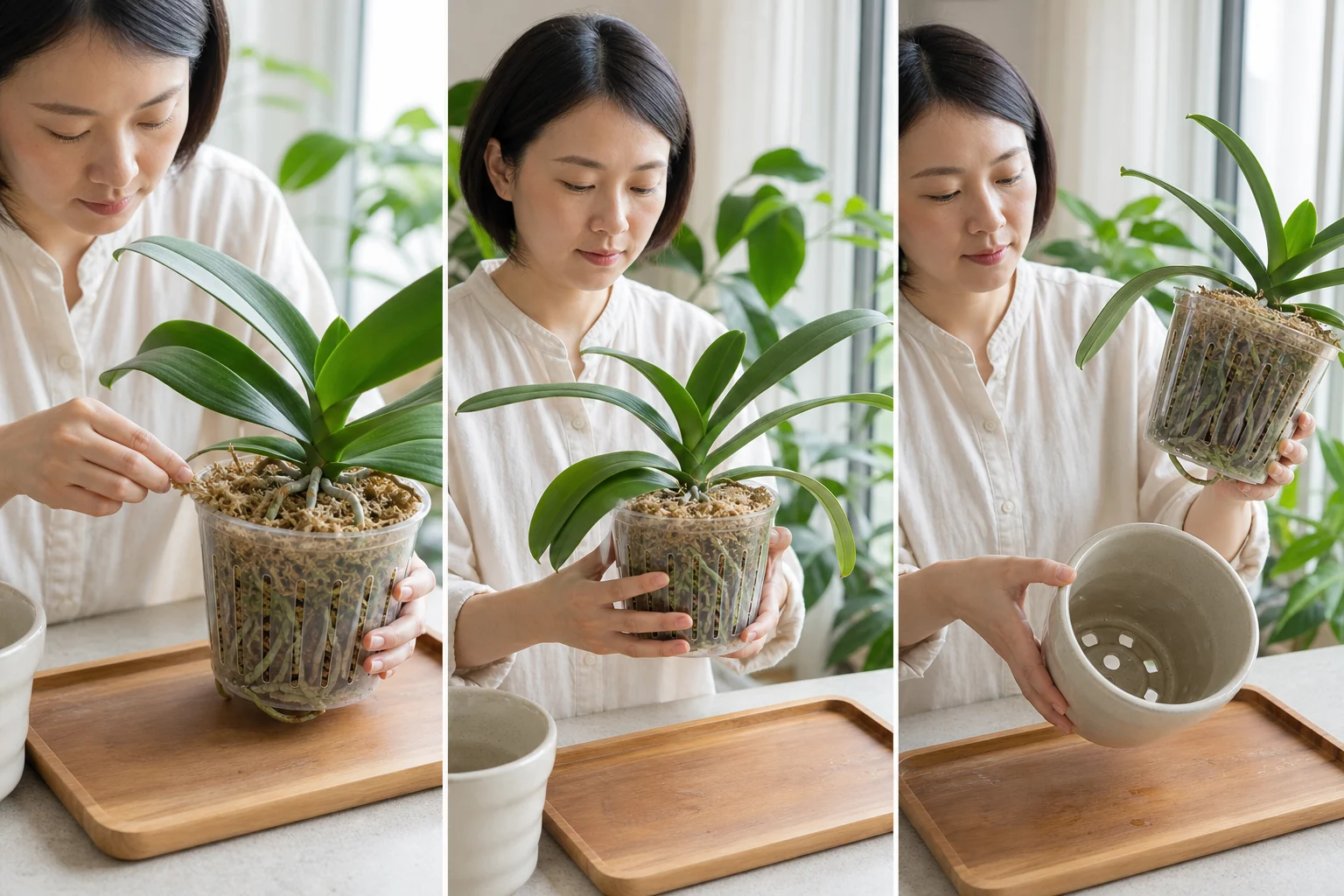 三格蝴蝶蘭澆水前檢查示意：觸摸水苔、雙手提起透明內盆比較重量，以及將內盆取出查看排水孔和空的外盆