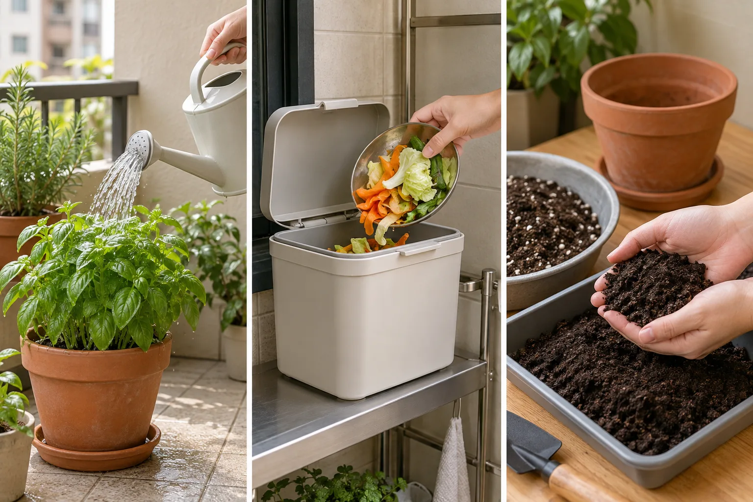 三格處理示意，依序以清水澆盆栽、把瀝水後的蔬果廚餘放入獨立收集桶，以及在換盆前查看深色鬆散的完成堆肥