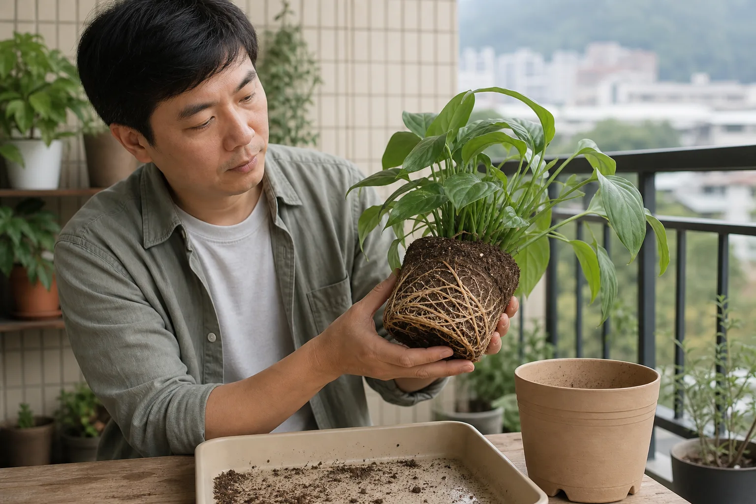 台灣公寓陽台上，園藝愛好者扶著從軟盆完整滑出的根團，觀察根系與介質但尚未修剪