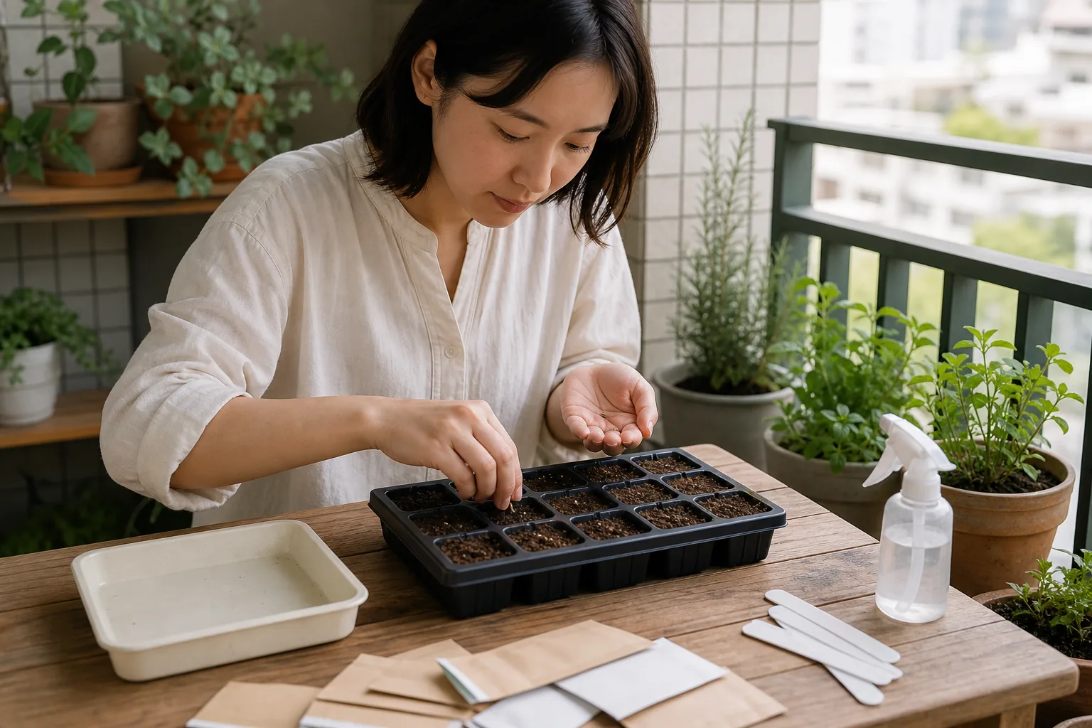 台灣公寓陽台桌面上，一位園藝新手把種子播進裝有細緻介質的育苗穴盤，旁邊有種子包裝、噴水瓶與植物標籤