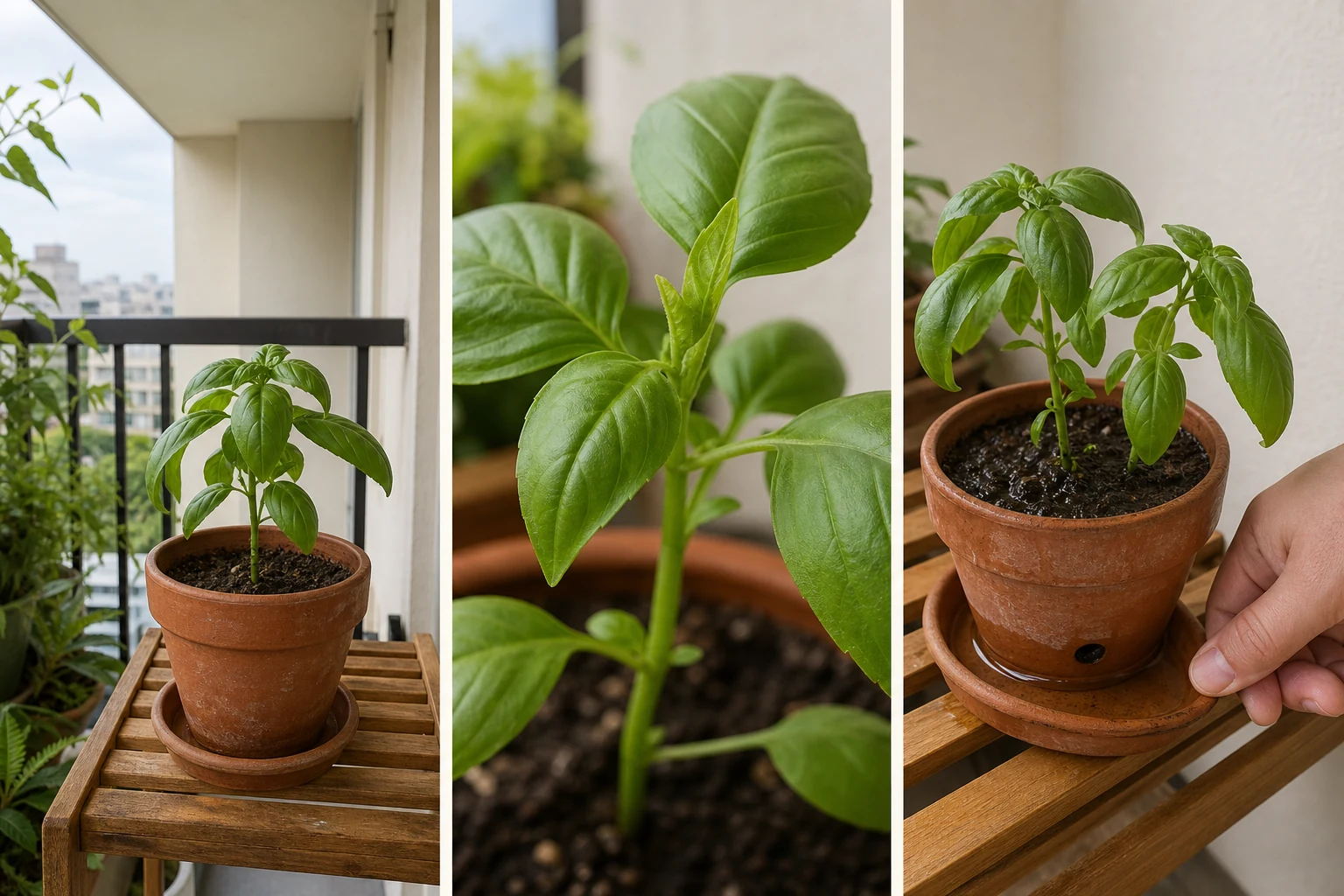 三格定植後觀察示意：植物放在明亮避風處、新芽穩定展開，以及發現濕重介質和萎凋時先停止重複澆水